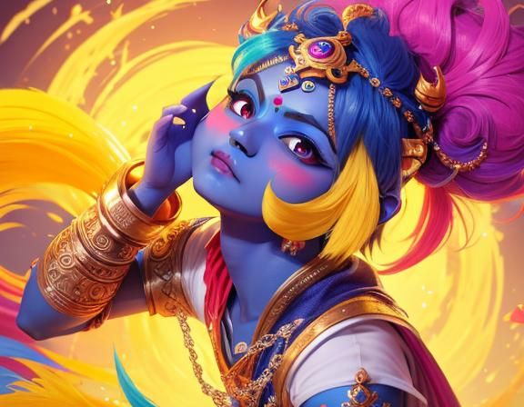 Cute Blue Krishna Boy: Kawaii Artstation Cartoon