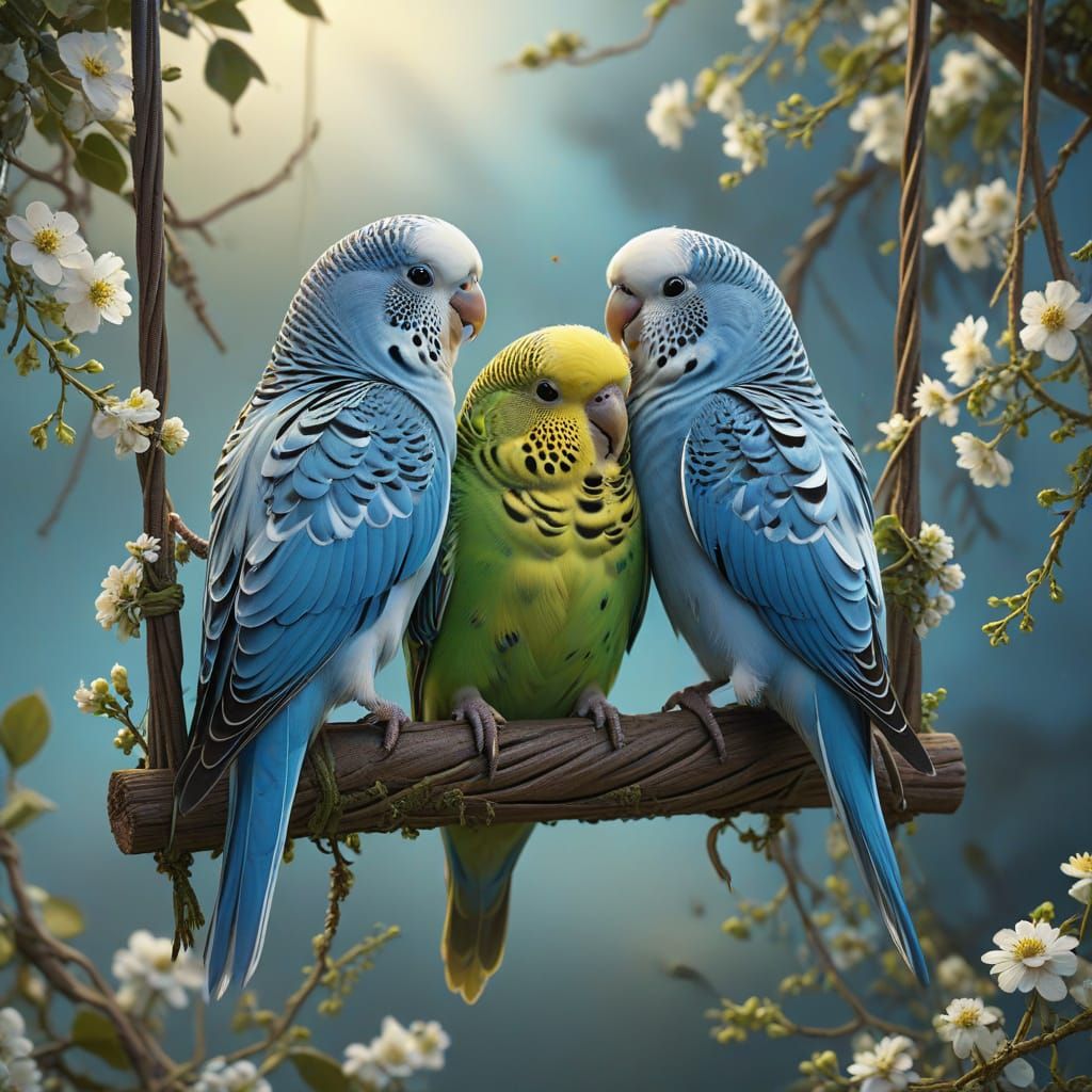 Three young parakeets sitting on a swing