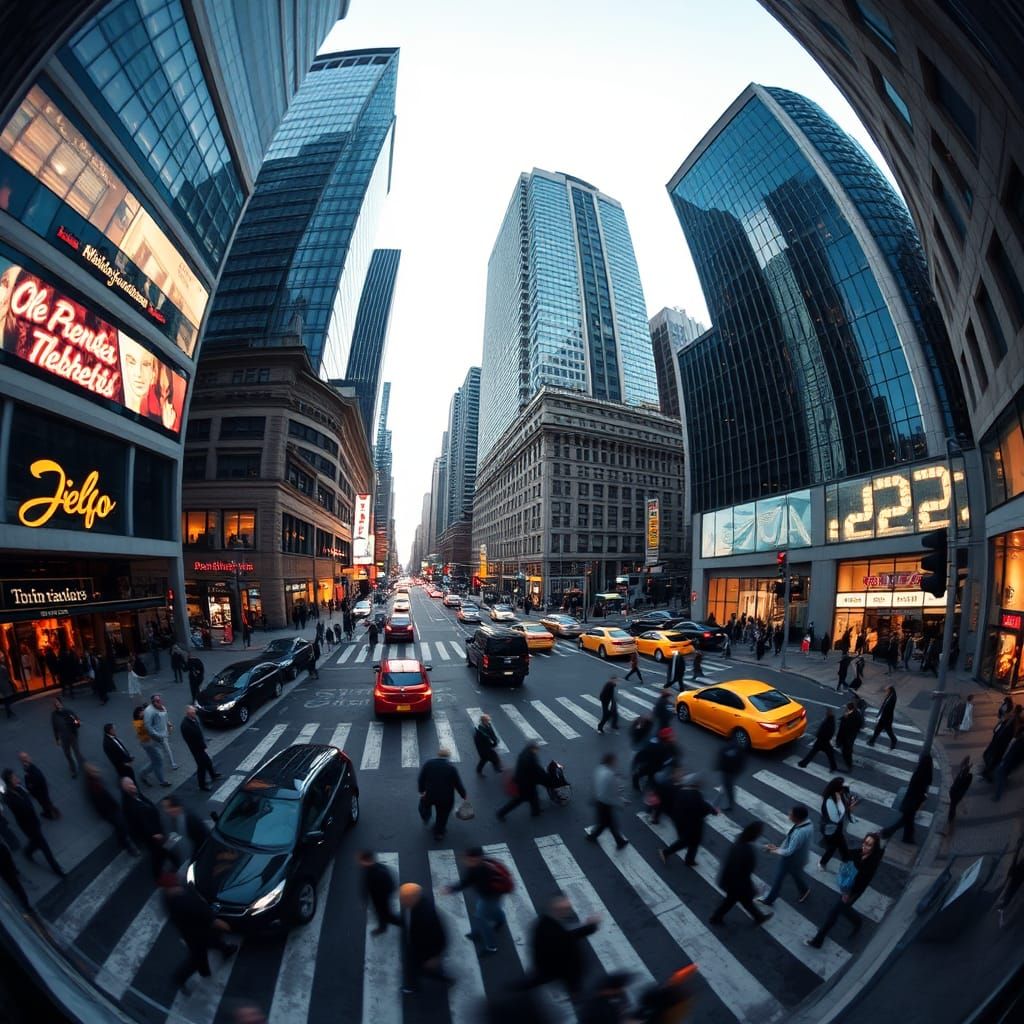 Capture a bustling city intersection during rush hour using a fisheye lens to exaggerate the urban energy. The streets a...