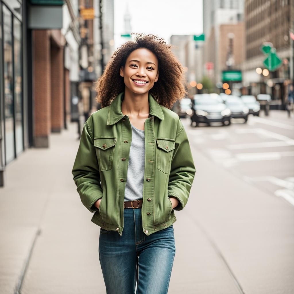 Young Woman in Green Jacket on City Sidewalk