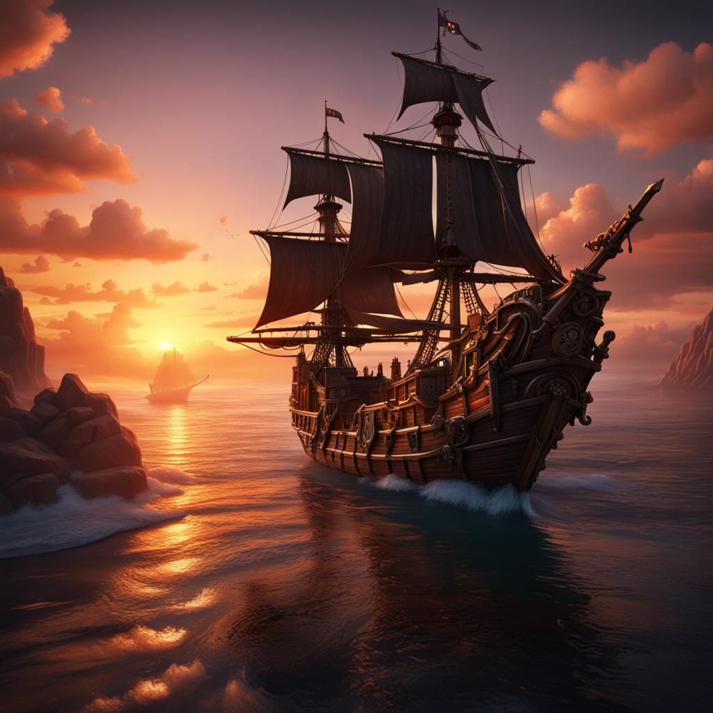 Pirate Ship Sunset: Detailed Matte Painting