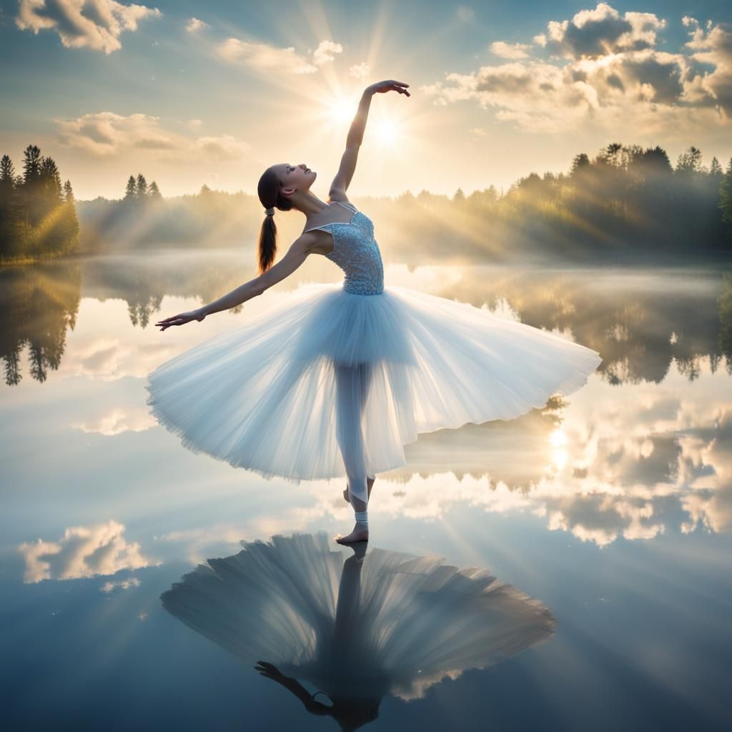 Ethereal Ballerina Dancing on Glass Lake