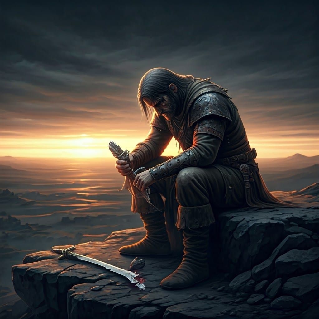 Gritty Warrior Contemplates Broken Blade in Dark Fantasy Lan...