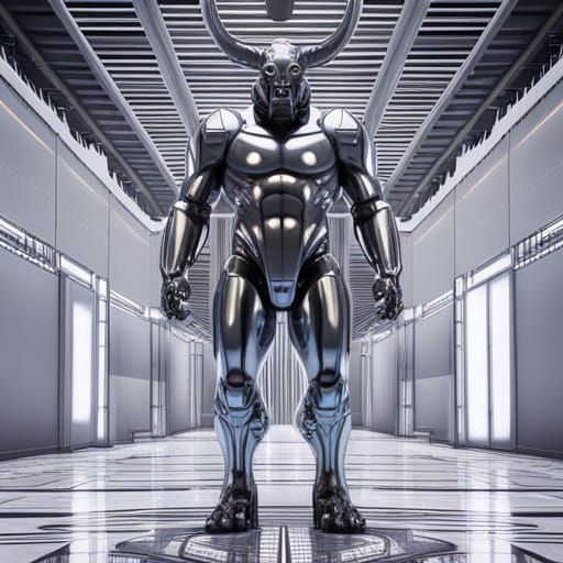 Futuristic Cyber Minotaur in Chrome Maze