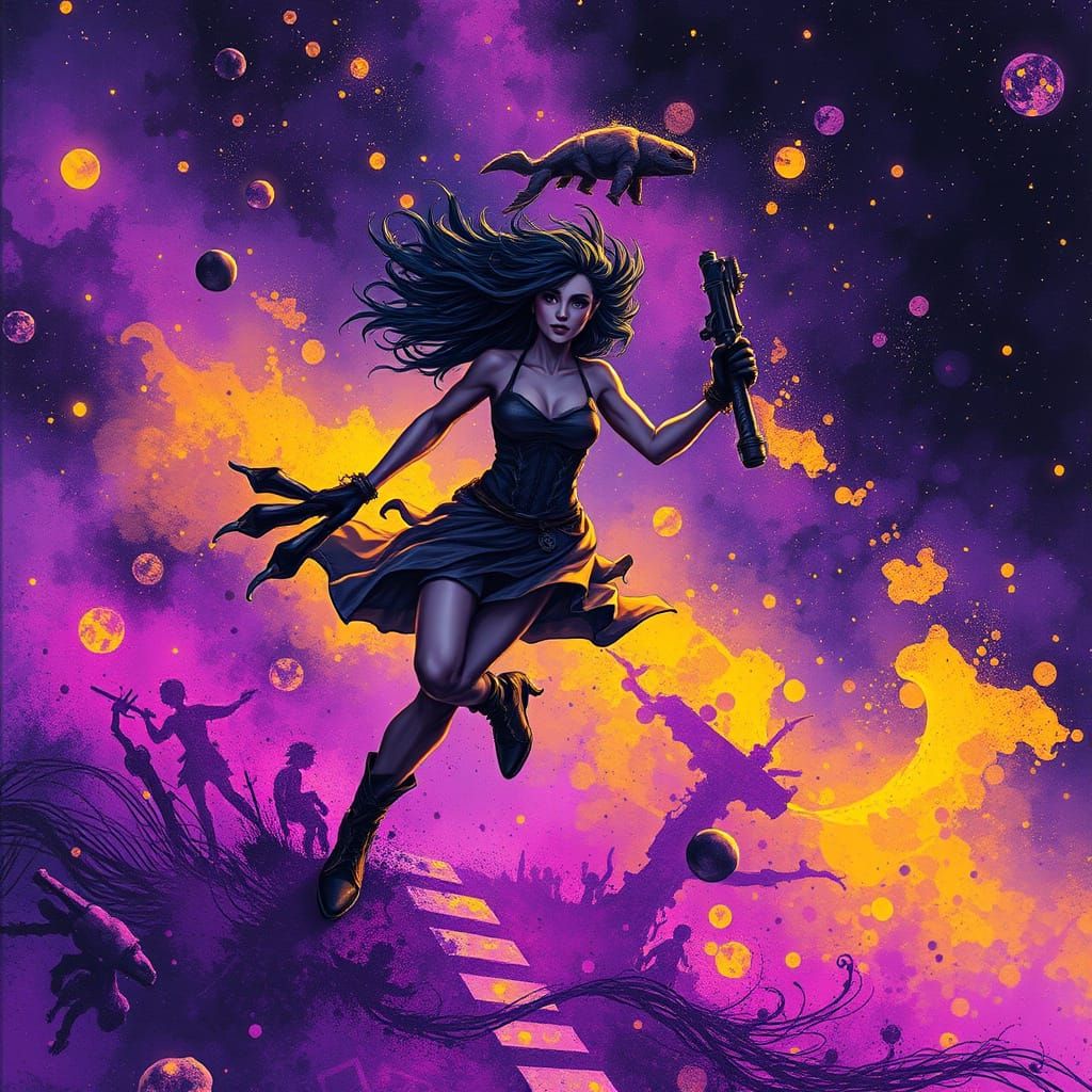 Woman Running in Galaxy: Dark Fantasy Alcohol Ink