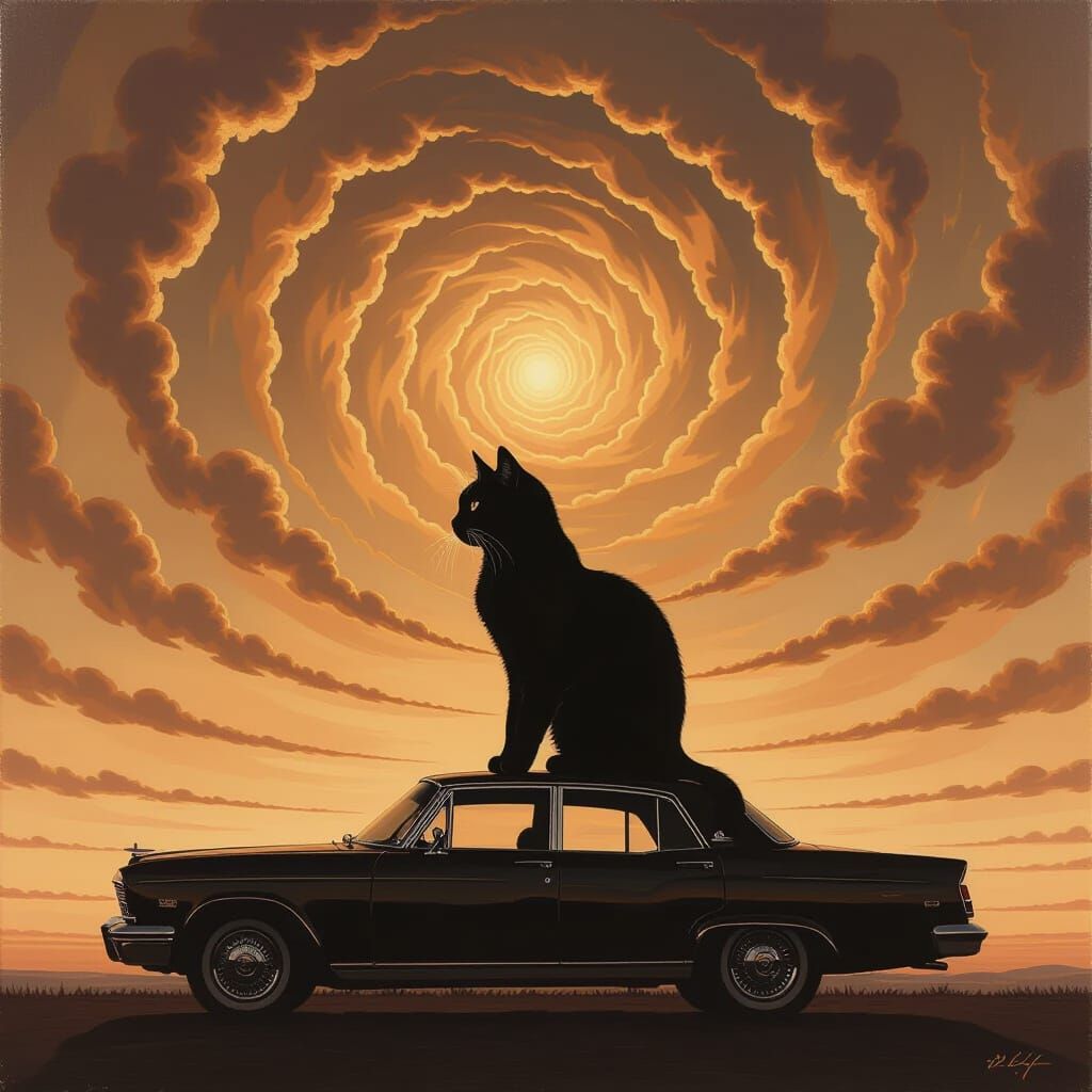 Majestic Feline on Car, Dystopian Surrealist Style