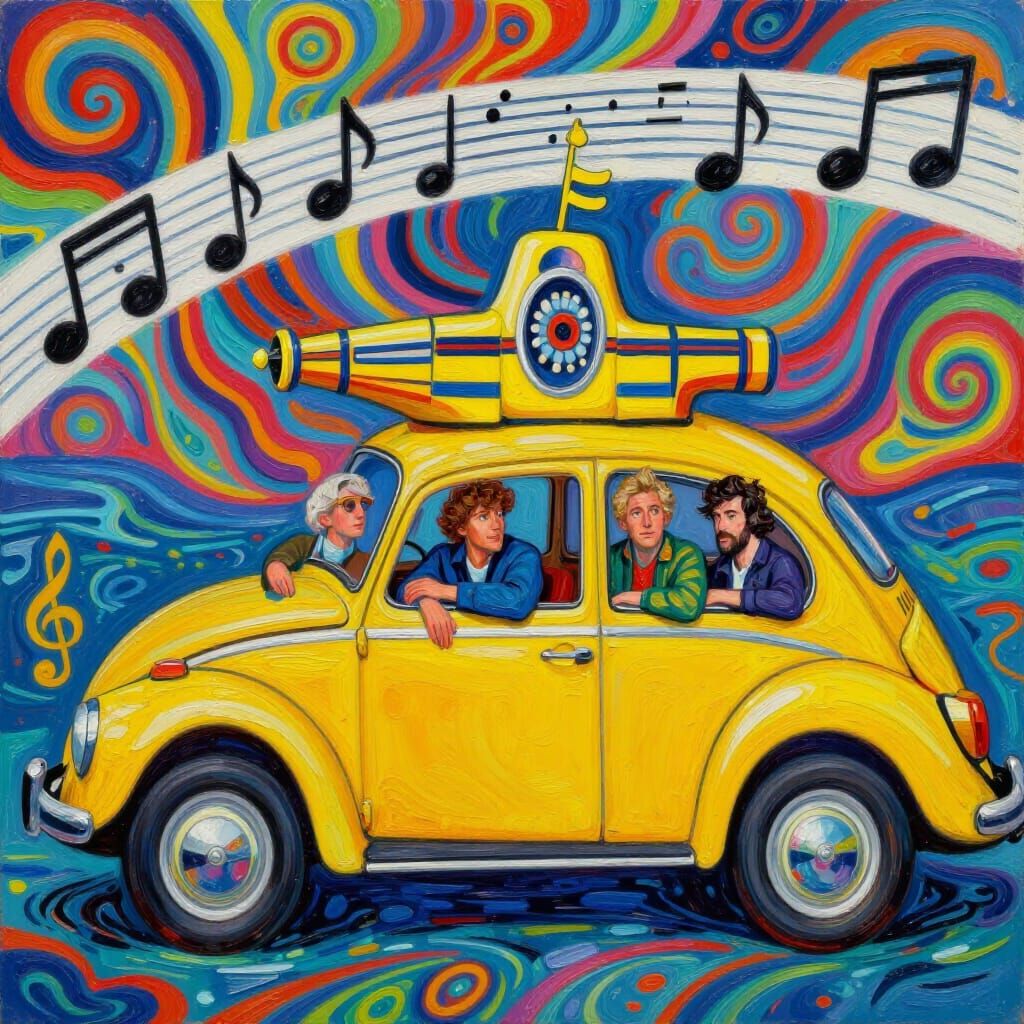 The Beatles in a Psychedelic Yellow Submarine Car
