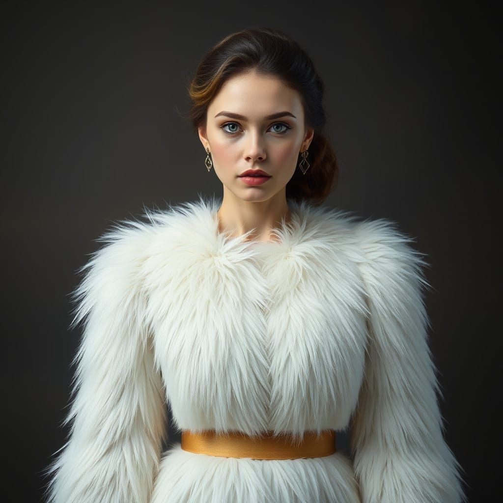 Hyperrealistic Woman Dressed in White Fur Coat