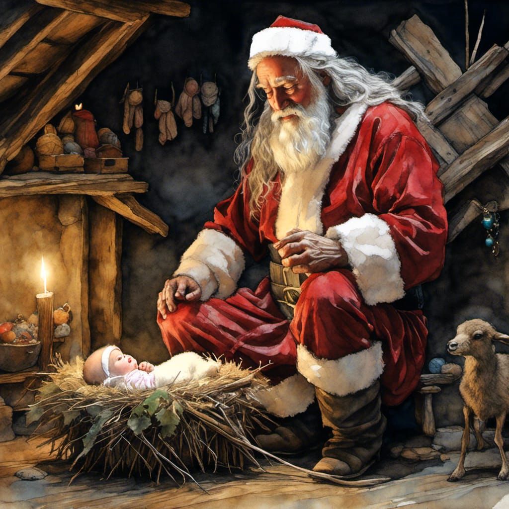 Santa Kneeling By Baby Jesus