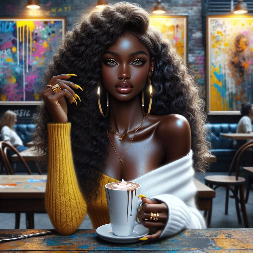 African American Woman Sipping Cocoa, Photorealistic Oil Pai...