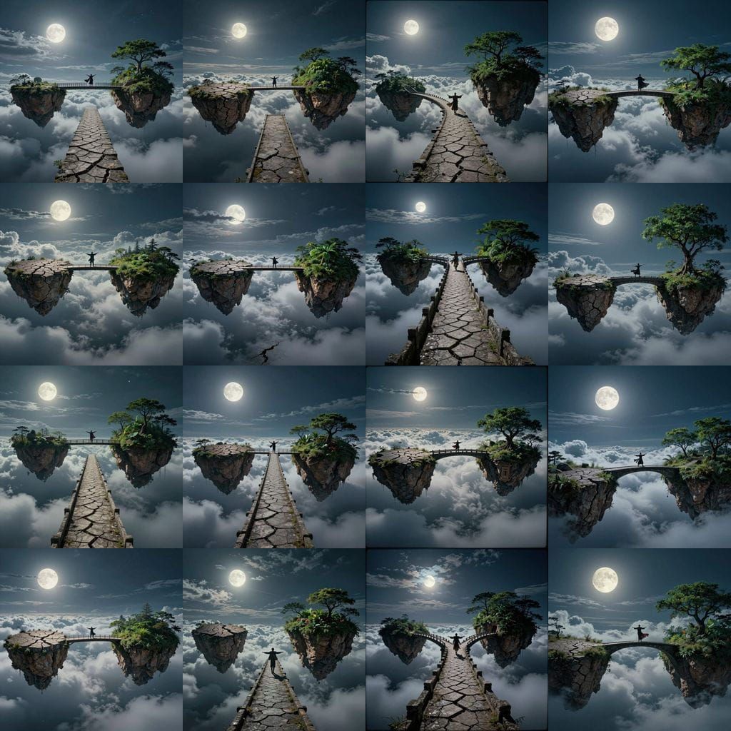 Hyper-Realistic Night Vista: Bridge Between Floating Islands