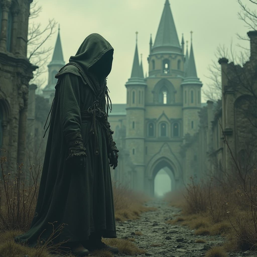 Forsaken Figure in Decaying Gothic Cityscape