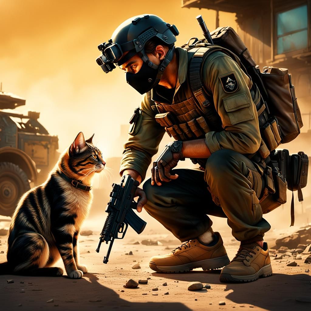 Cat in Special Forces Uniform Aiming Pistol