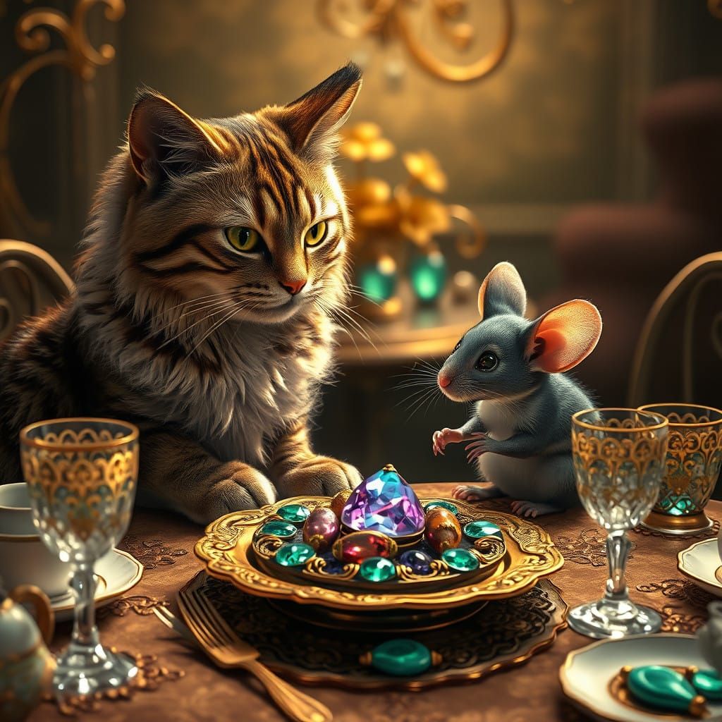 A mouse and a cat eat from the same plate
