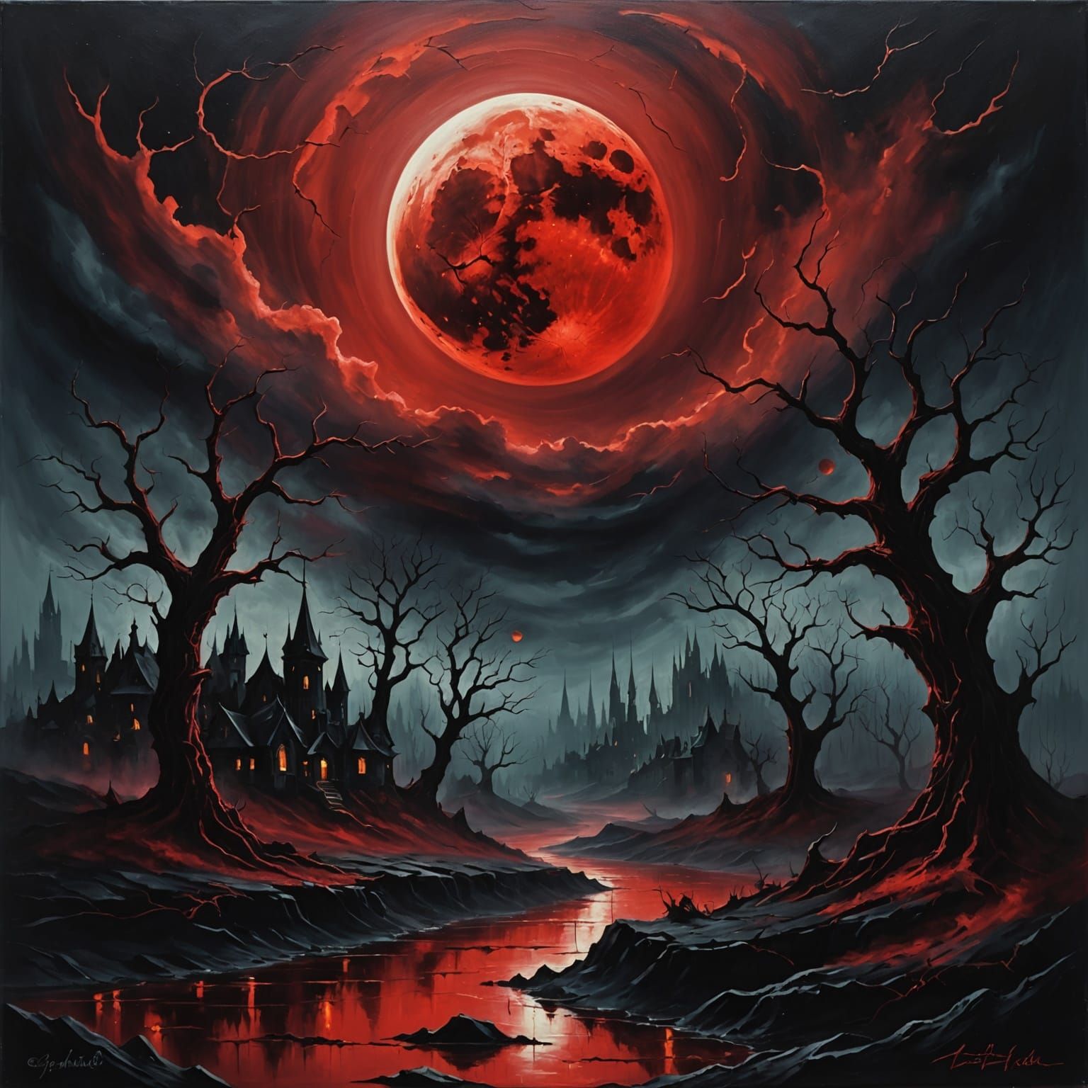 Crimson Blood Moon Over Dark Fantasy Landscape in Oil