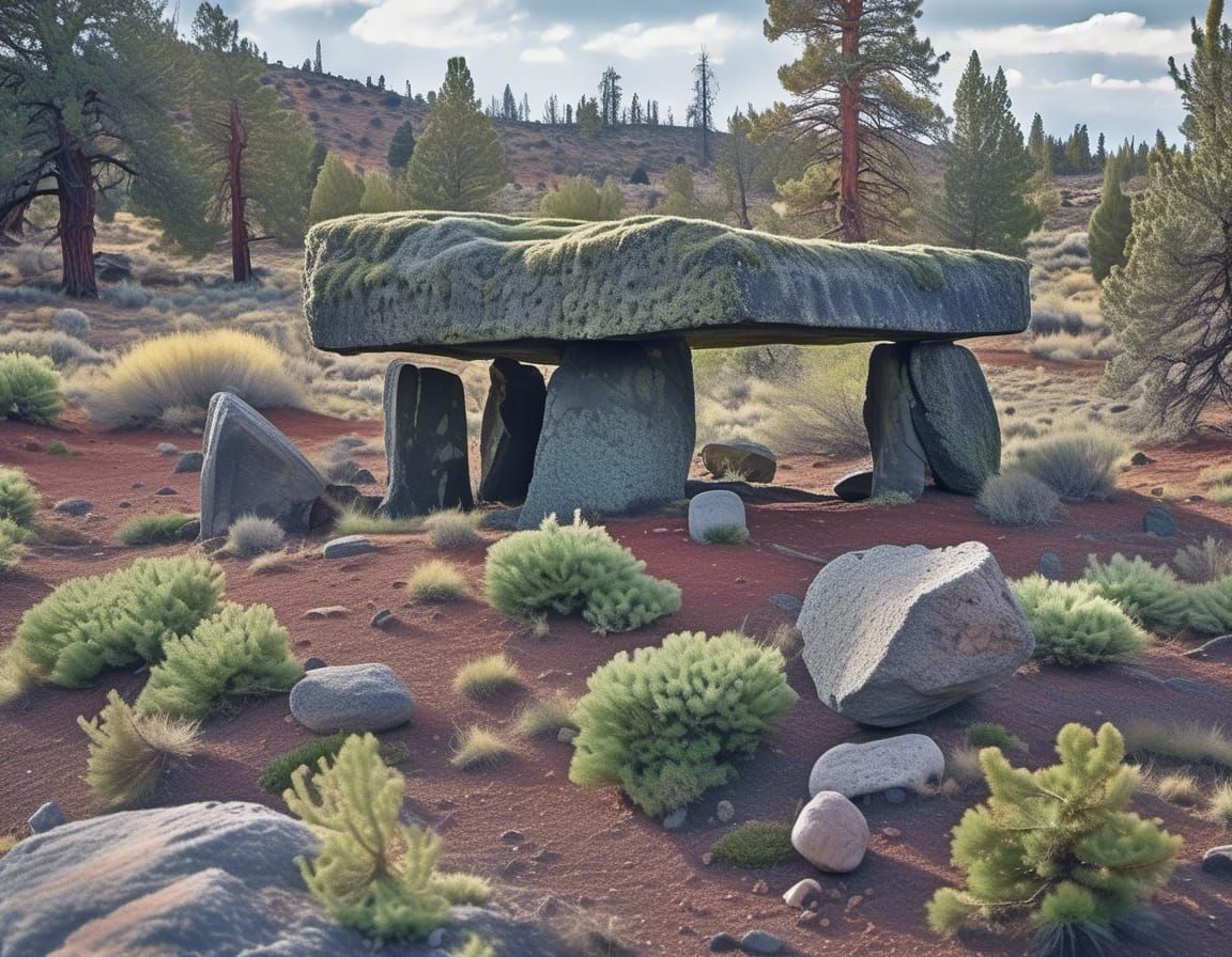 Mossy Dolmen in Oregon Desert: Hyperreal Photography