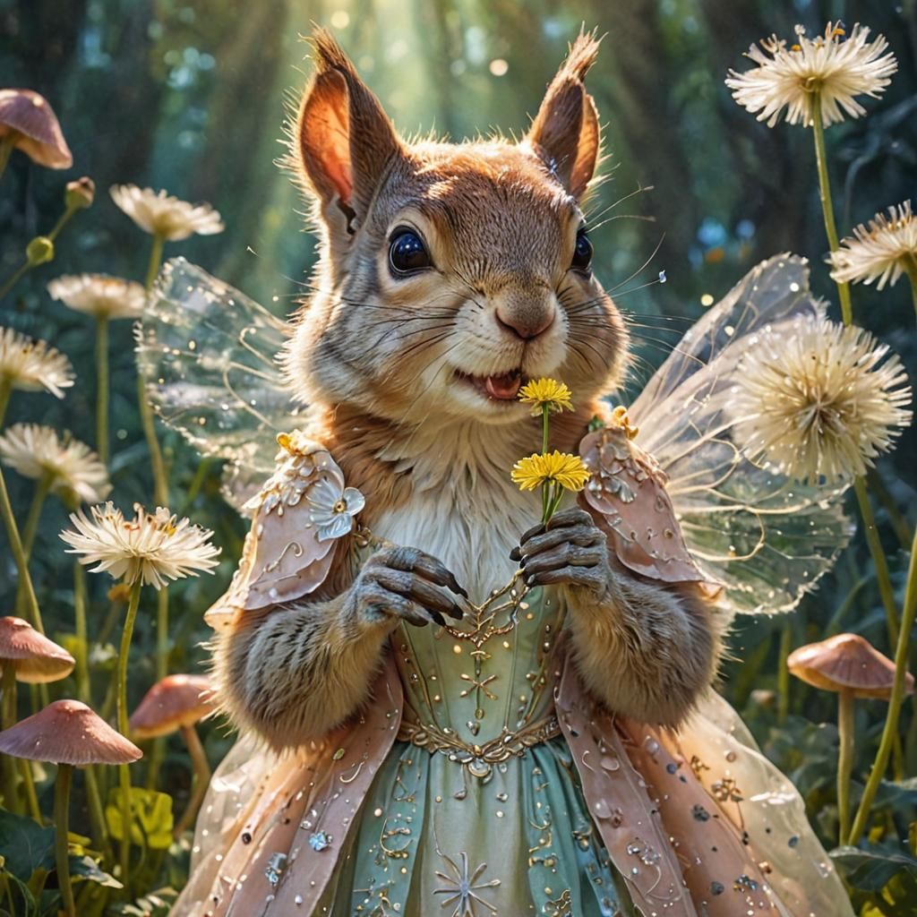 Squirrel Fairy with Dandelion in Watercolor Style