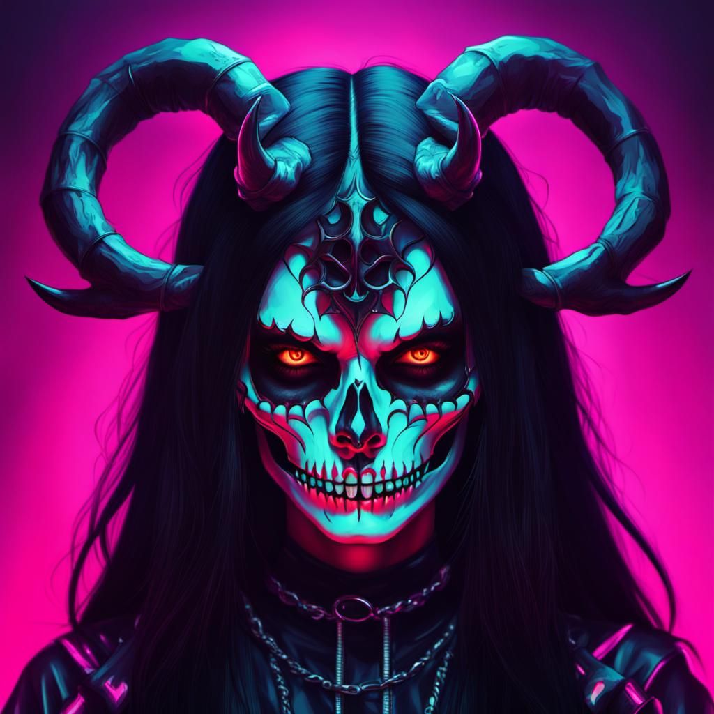 Demonic skull faced girl, devil horns