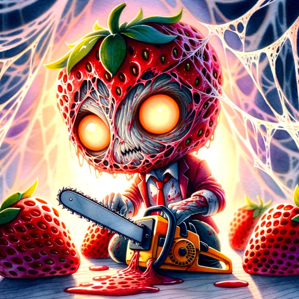 Strawberry Zombie Unpacking Chainsaw as Watercolor