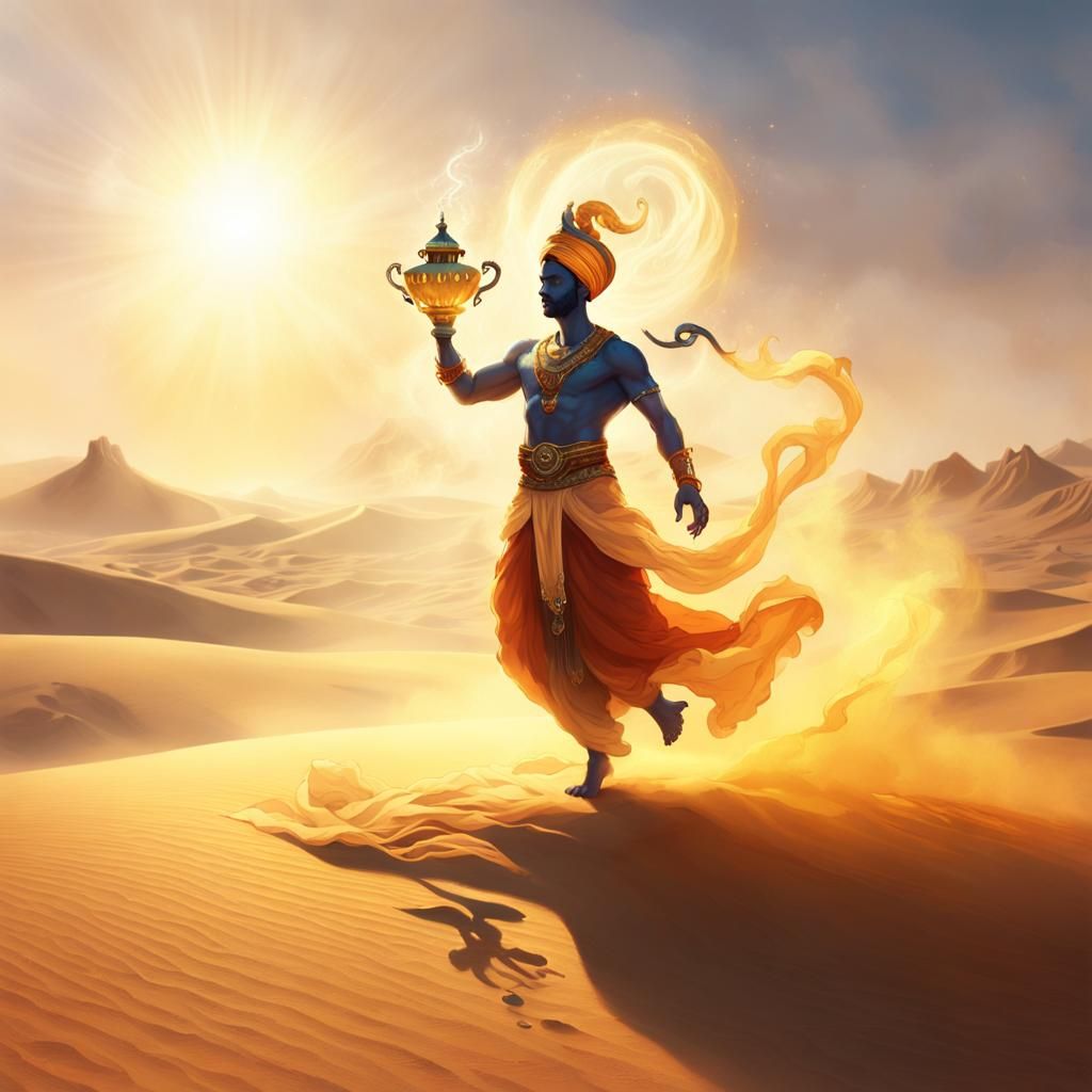 Genie Emerging from Lamp in Arid Desert