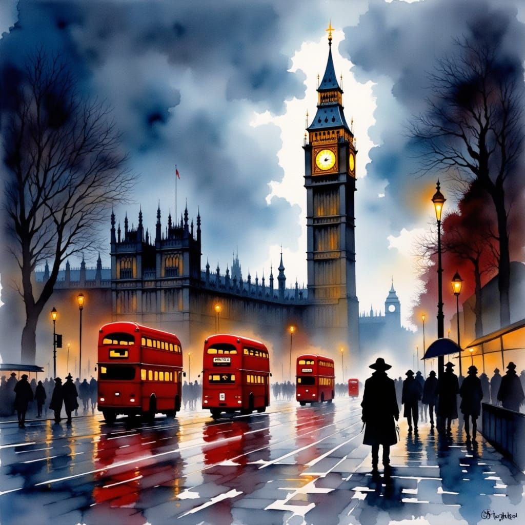 Rainy London Evening: Big Ben in Watercolour