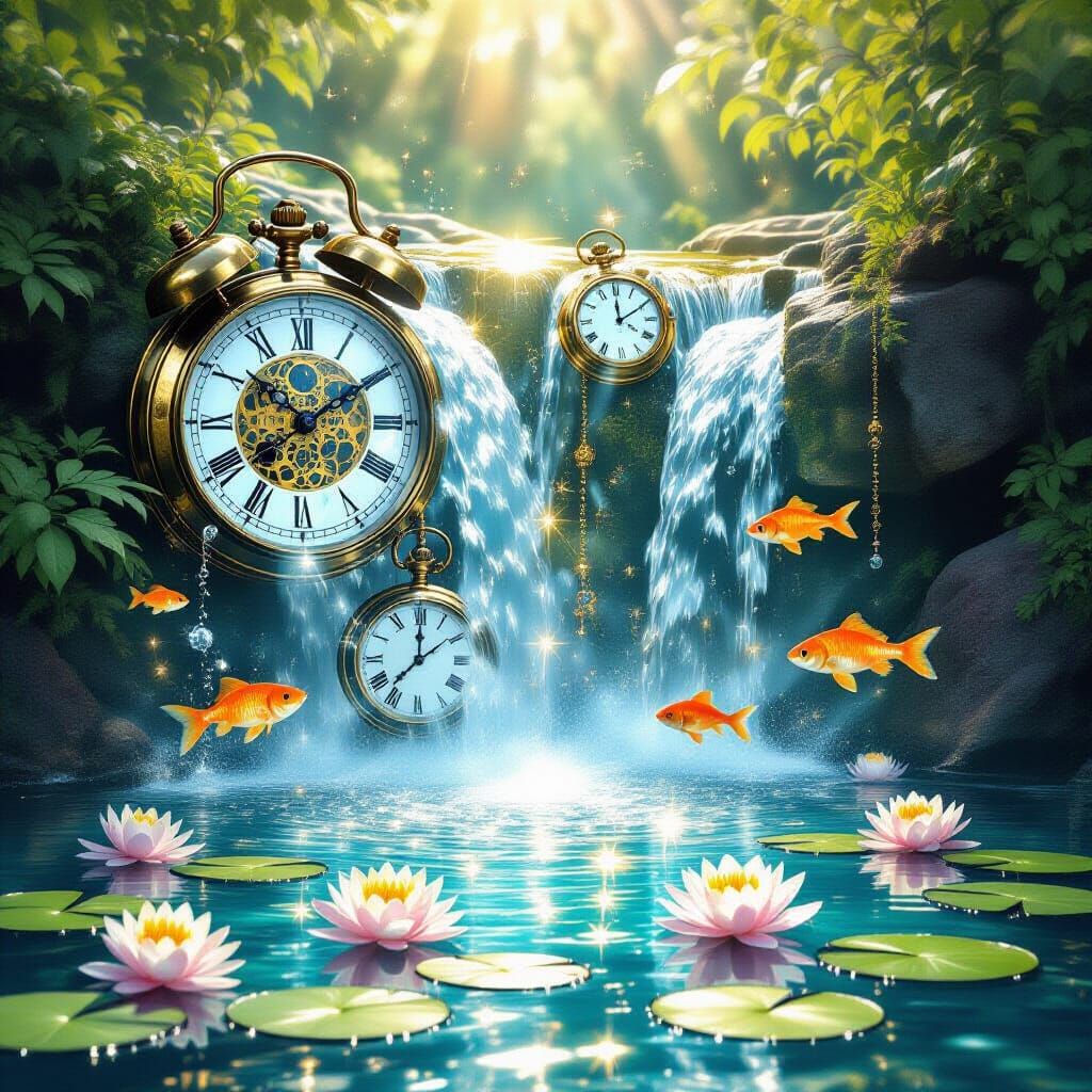 Surreal Waterfall of Clocks in a Magical Landscape
