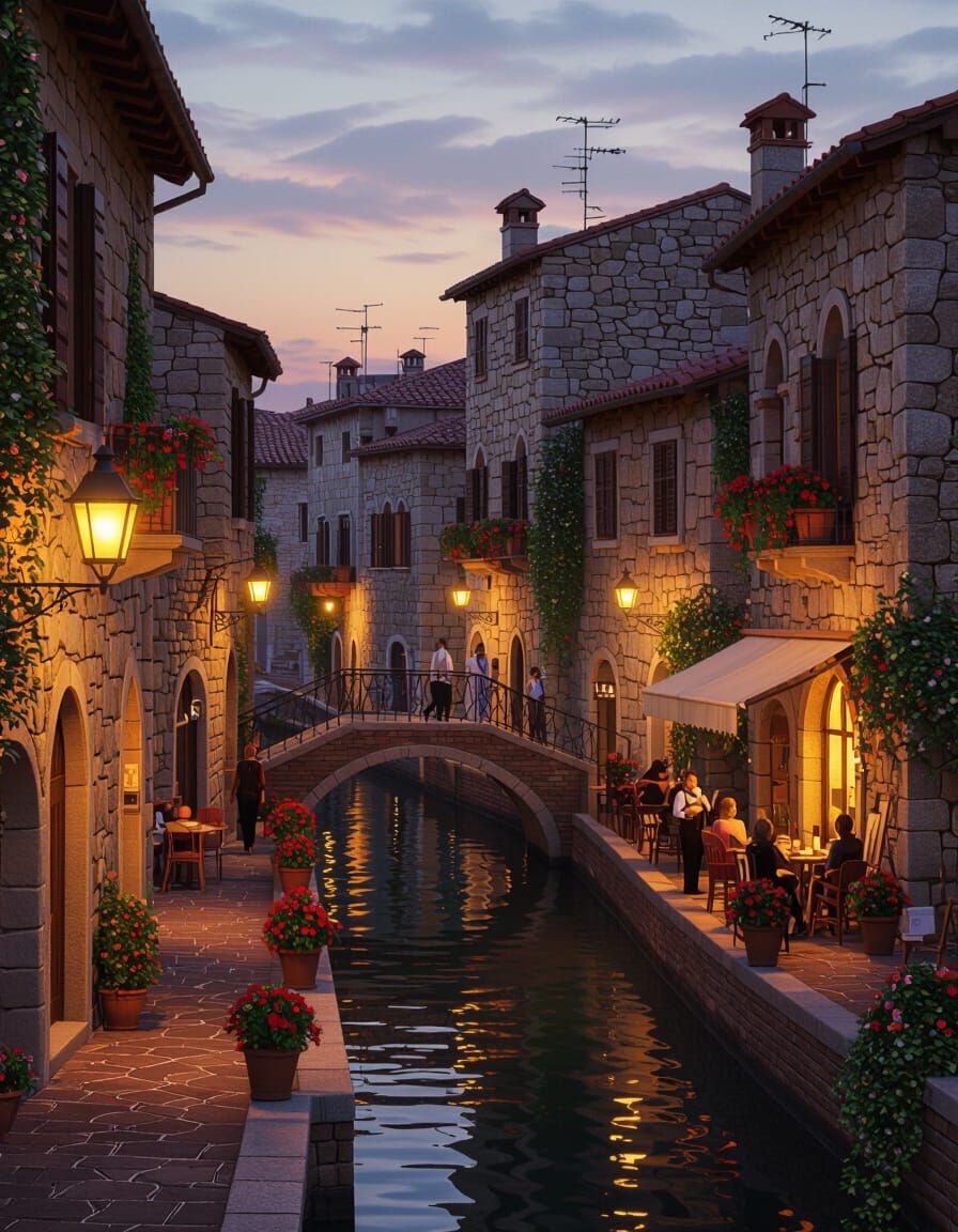 Romantic Italian Canal Street at Twilight