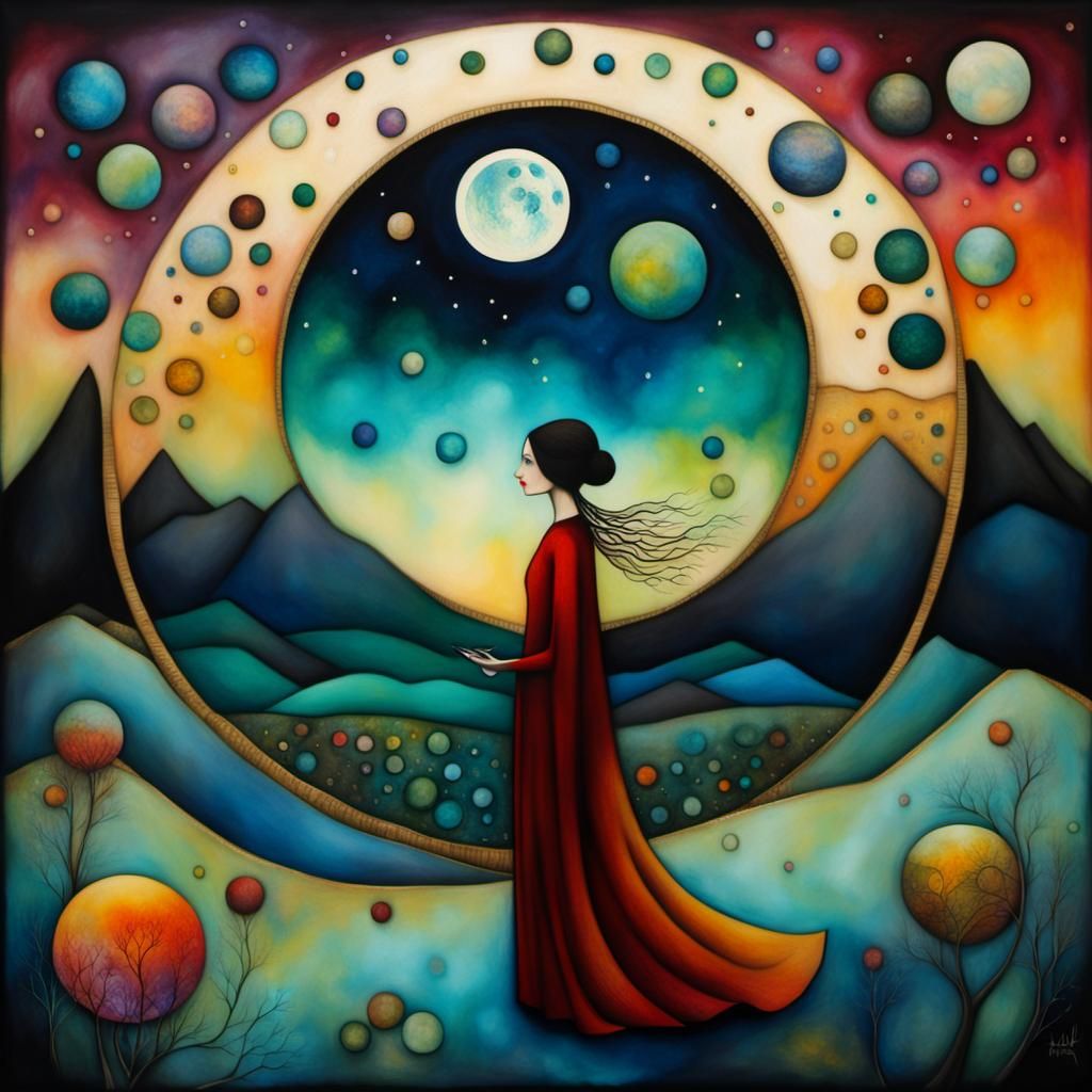 Surrealist Woman Contemplates Celestial Bodies Under Full Mo...