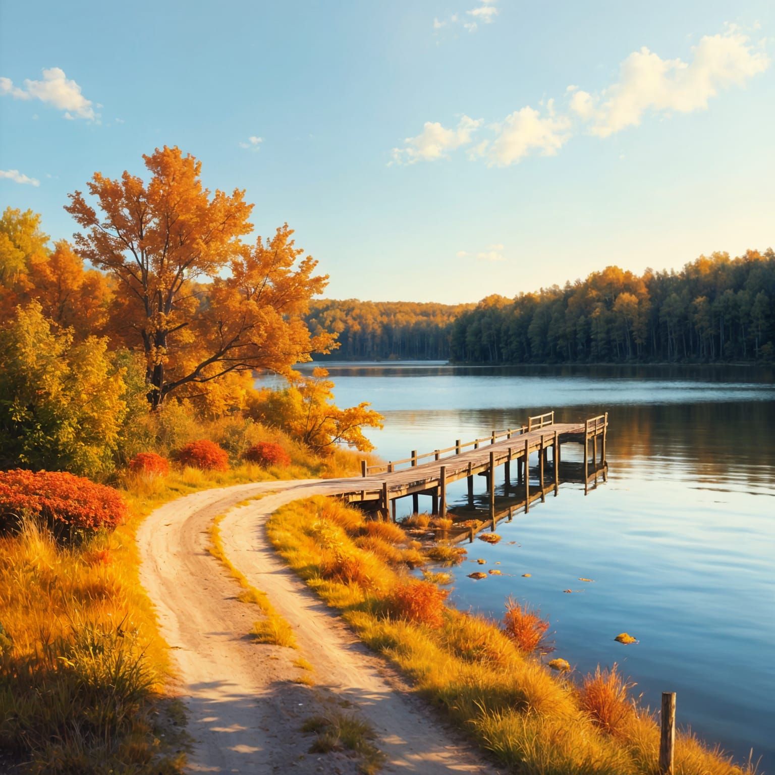 Autumn Lake Scene in Impressionistic Realism Style