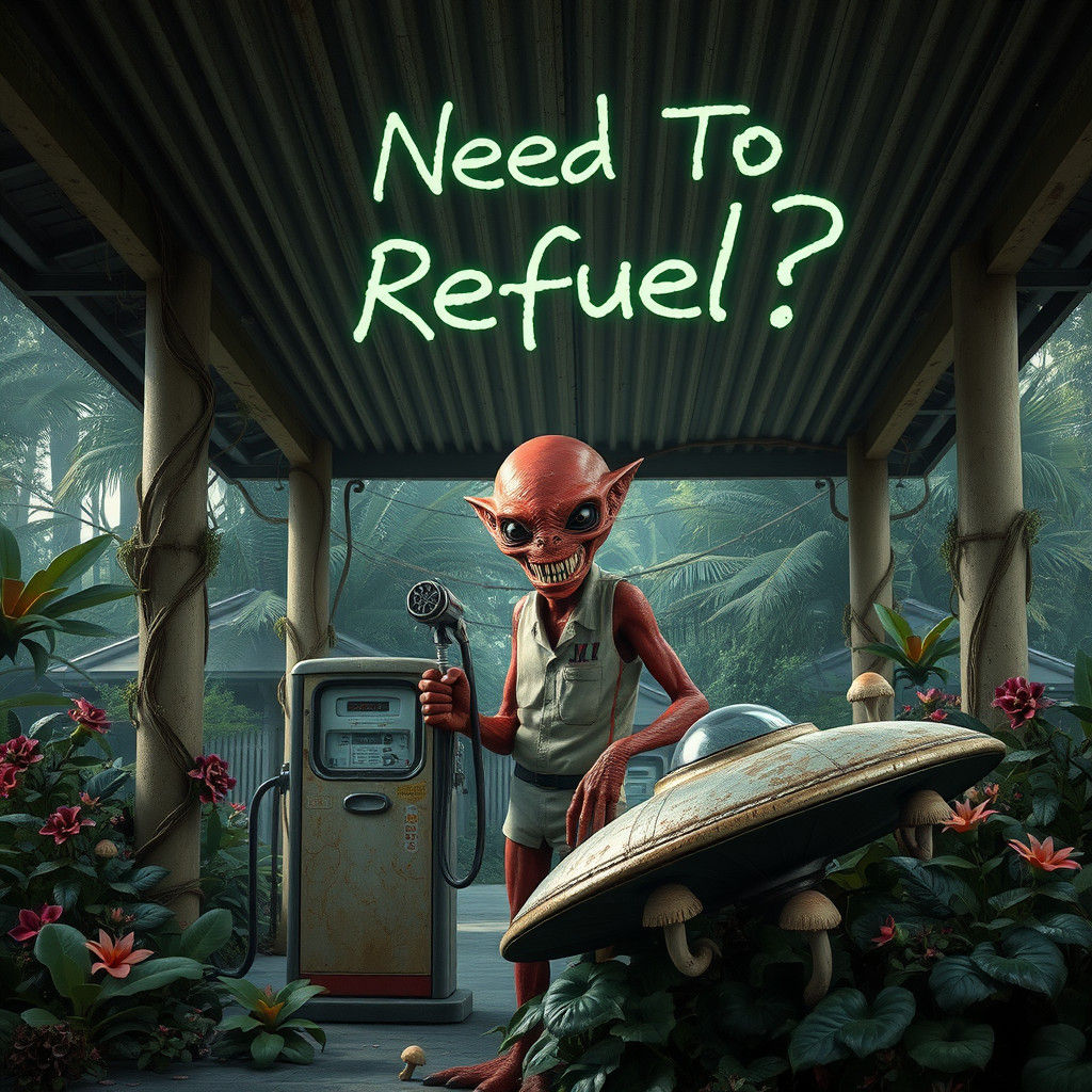 Surreal Alien Gas Station in Jungle Landscape