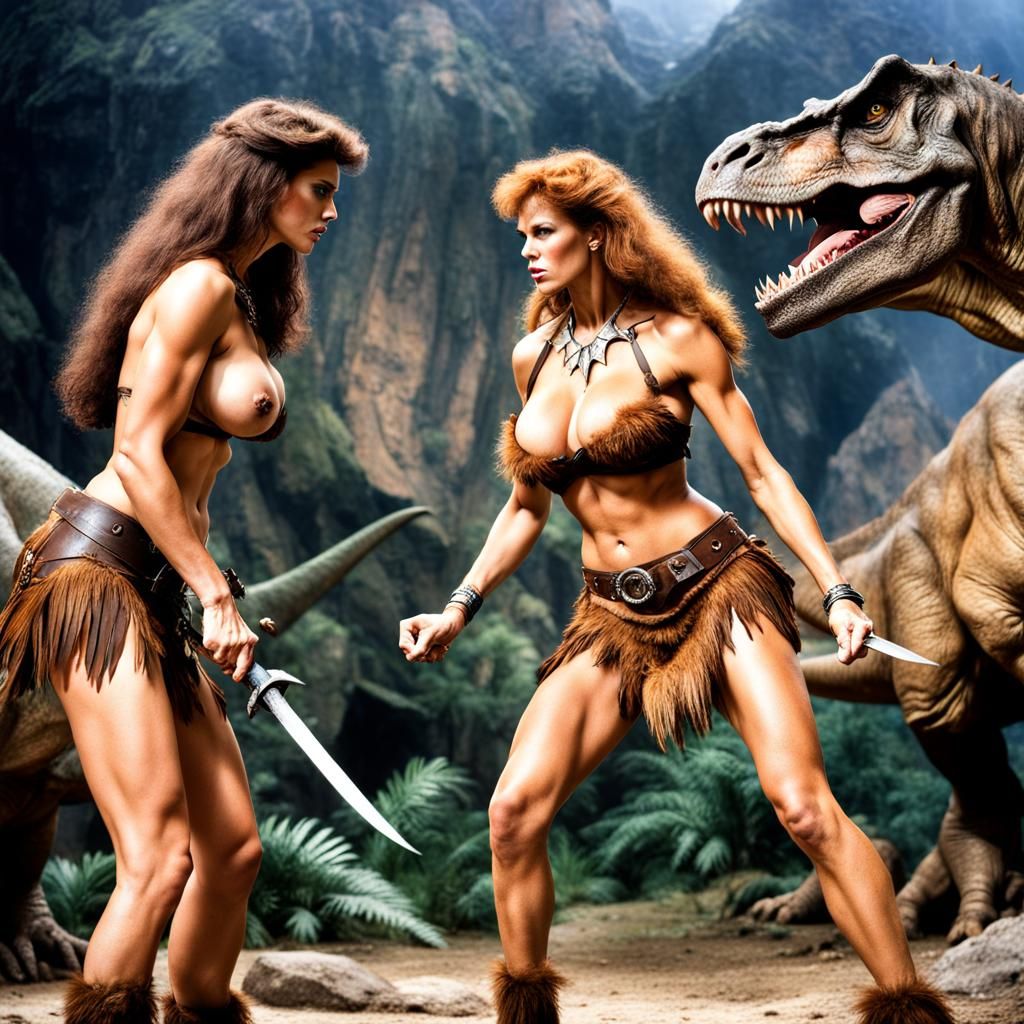 Angry Cavewomen Staredown with Dinosaurs