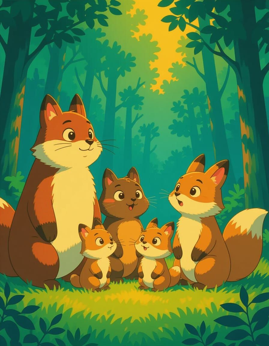 Whimsical Forest Creatures in Twilight Oil Painting