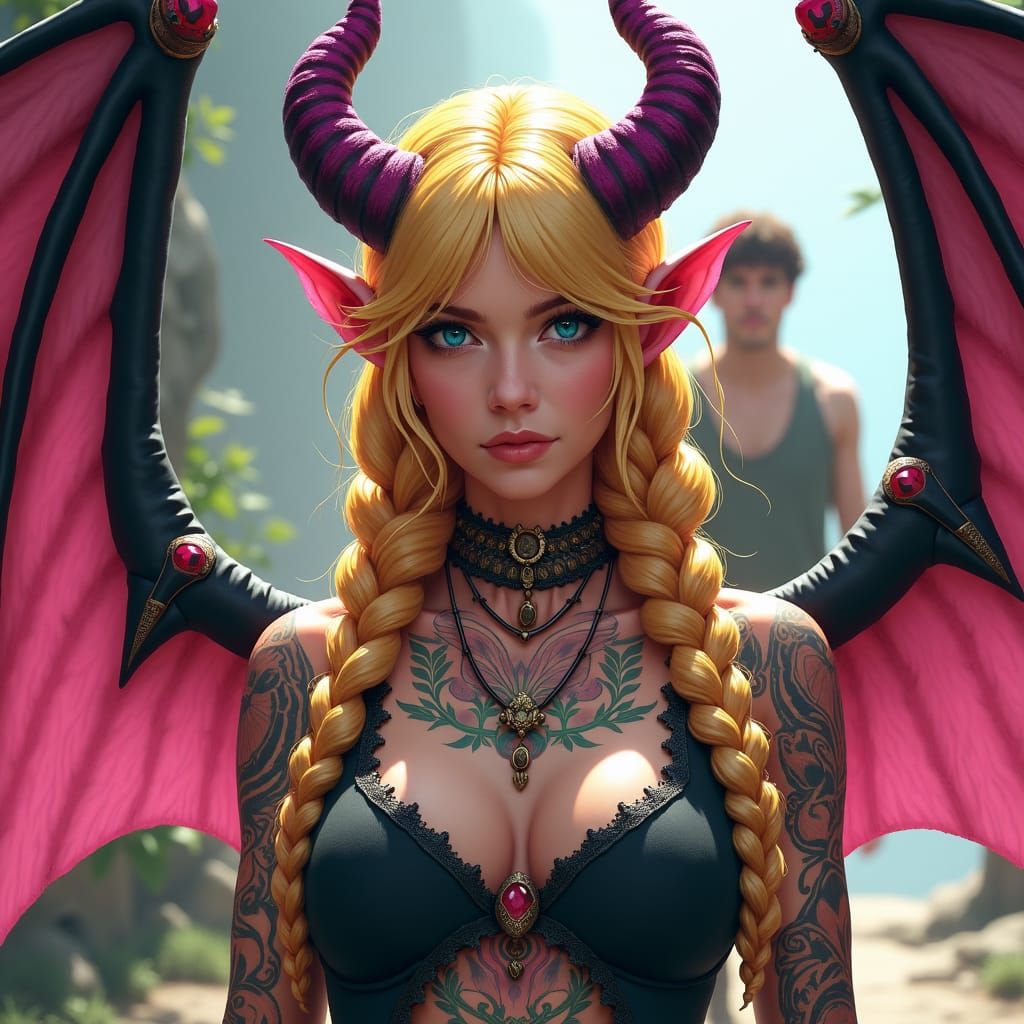 Fantasy Woman with Demon Wings and Braided Hair