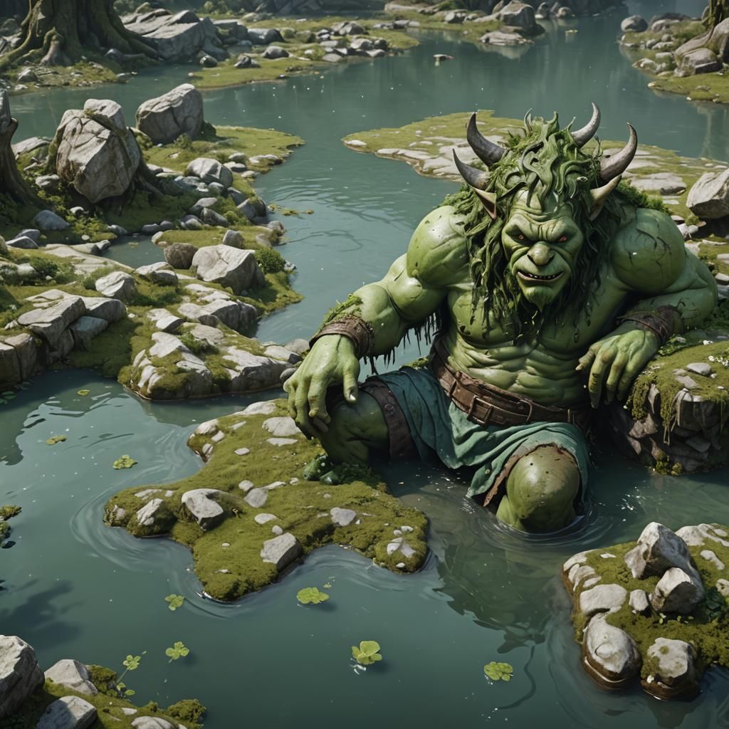 Ogre's Face with Flowing Water, Detailed Digital Painting