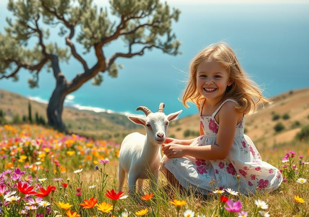 Girl and Goat on Sunny Hillside as Impressionist Painting