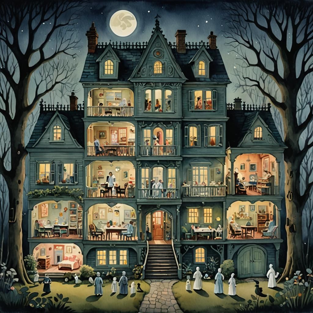 Eerie Dollhouse Filled with Miniature Ghosts in Watercolor