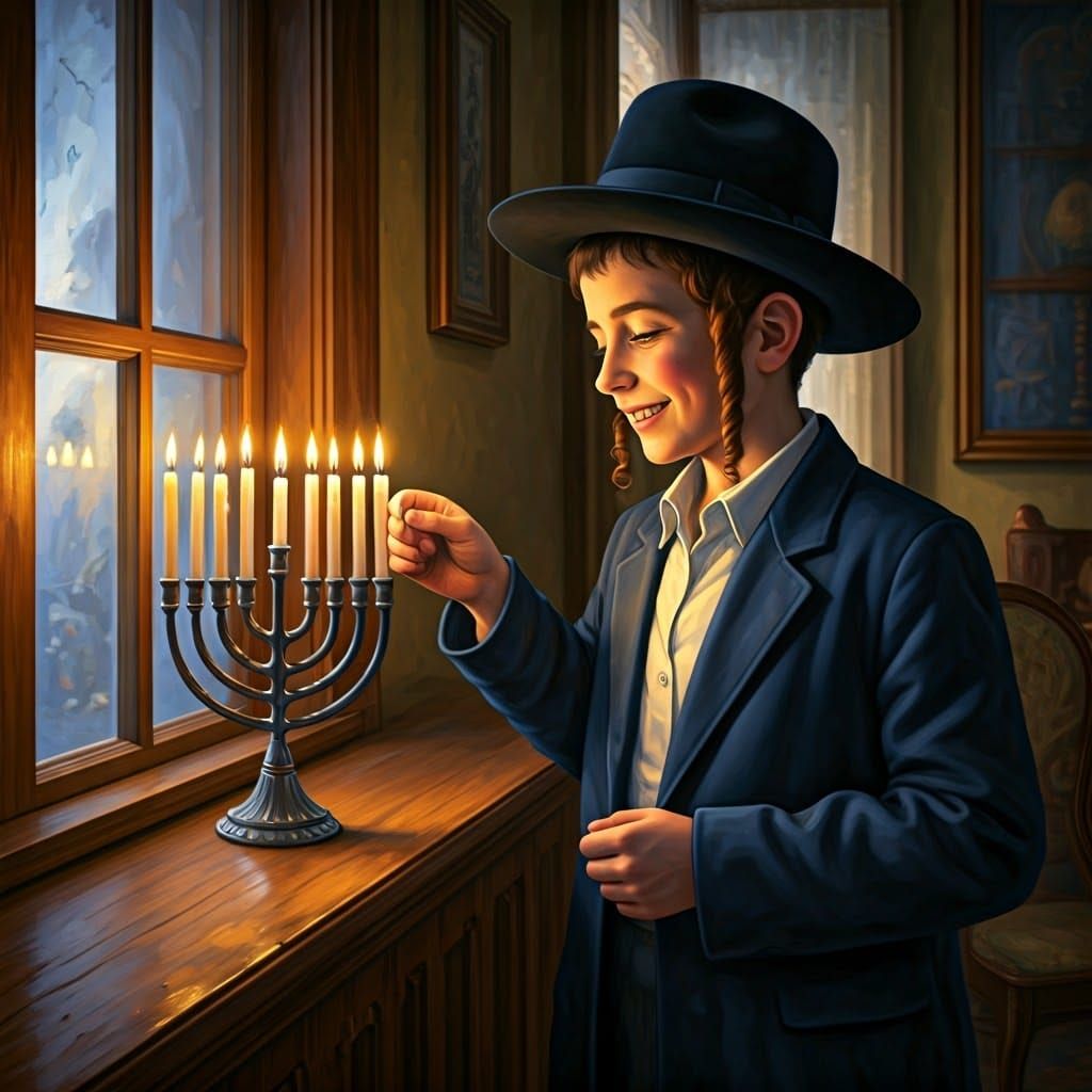 Young Hasidic Jewish Boy Lights Hanukkah Candles in Cozy Liv...