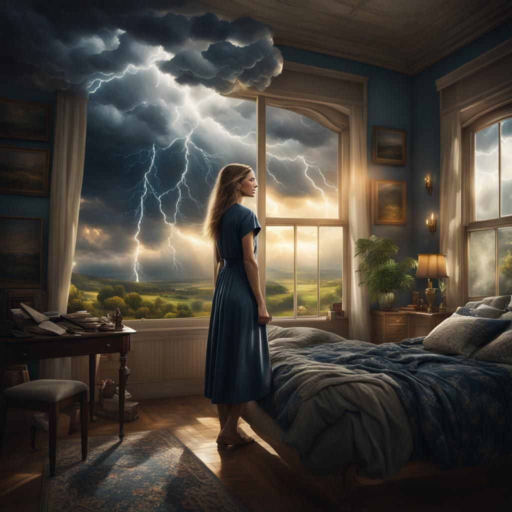 Dramatic Bedroom Scene with Storm and Sunlight