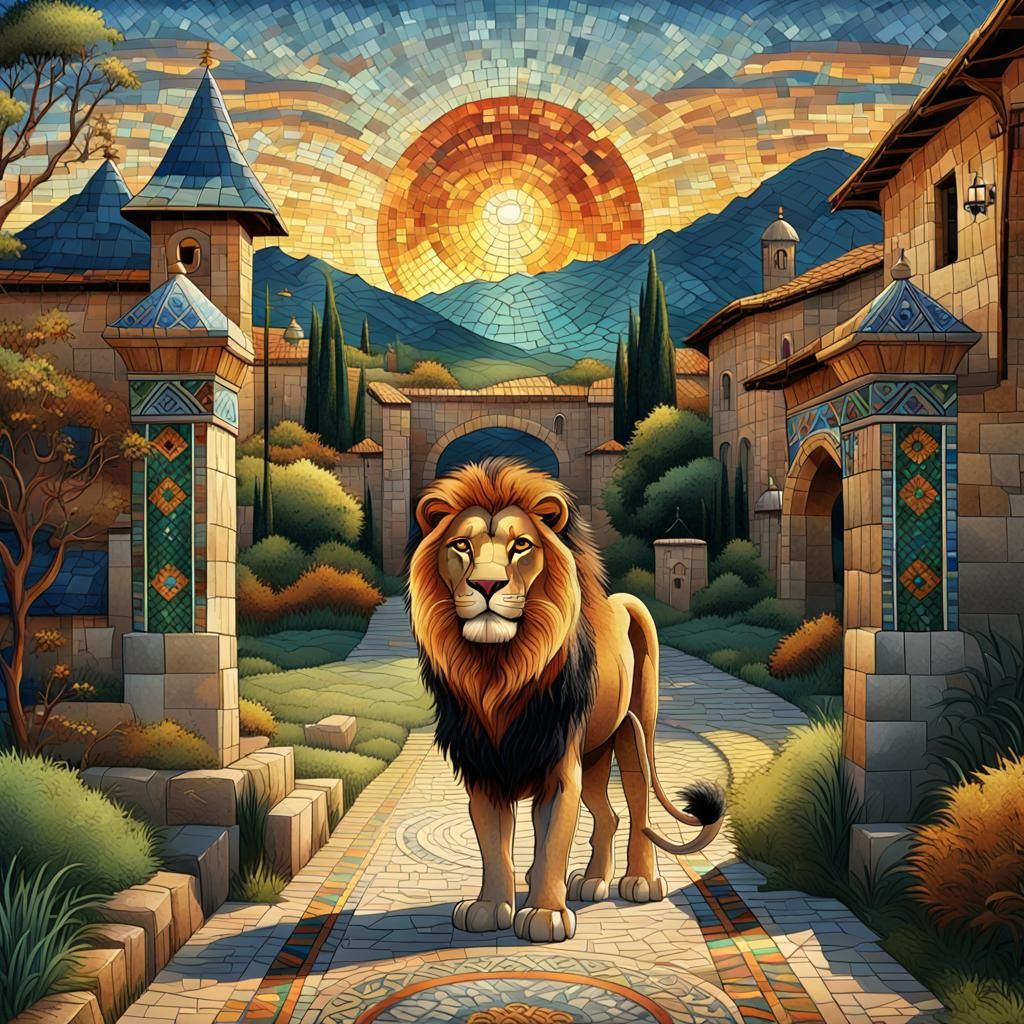 Lion at Village Entrance in Byzantine Mosaic Style