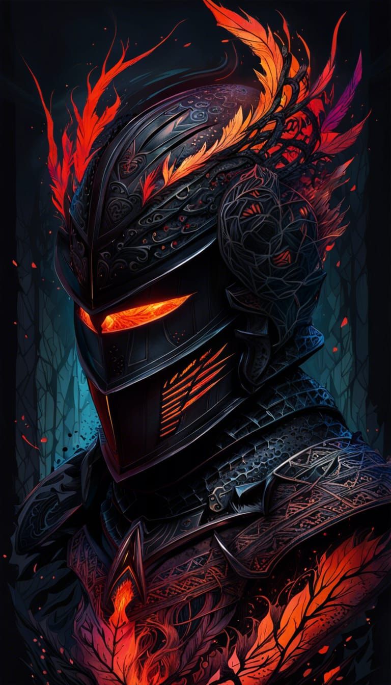 Sinister Knight in Black Armor with Lava Outlines