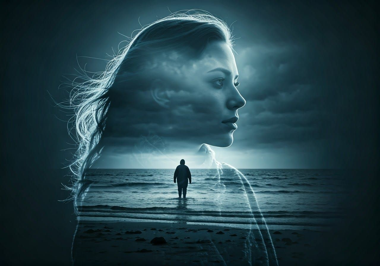 Ethereal Woman on Stormy Shore in Monotone Blue