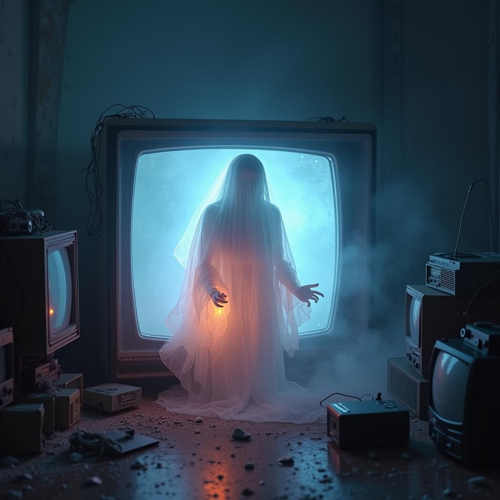 Ethereal Lady Ghost Emerges from Retro TV