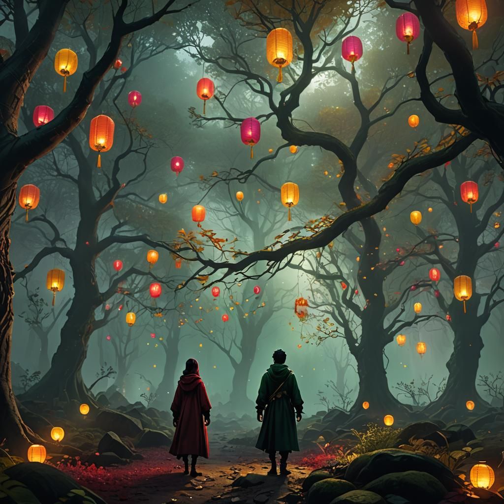 Mystical Lanterns in a Dark Fantasy Forest