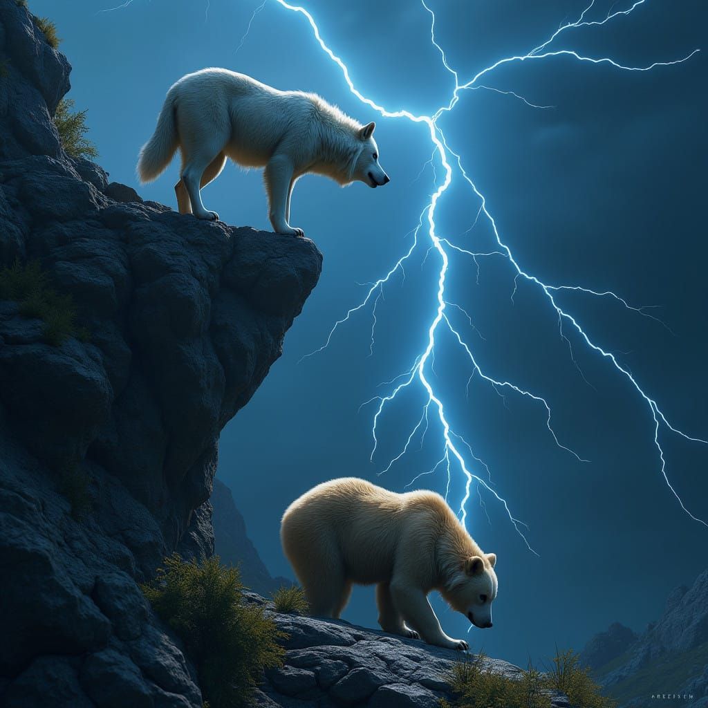 Majestic White Wolf Stands at Cliff's Edge, Illuminated by L...