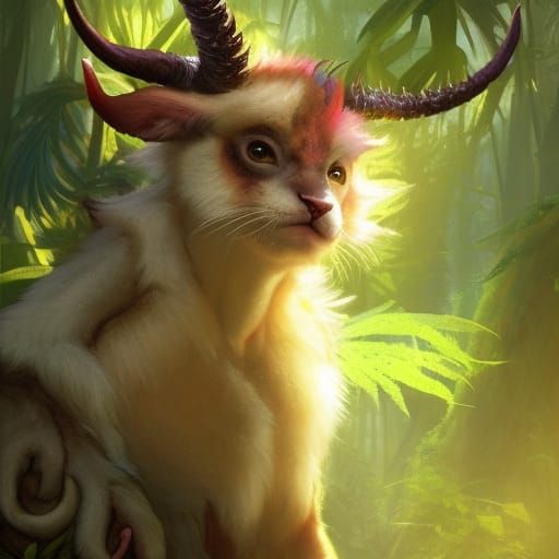 Cute Furry Baby Monster Sits in Jungle Lagoon