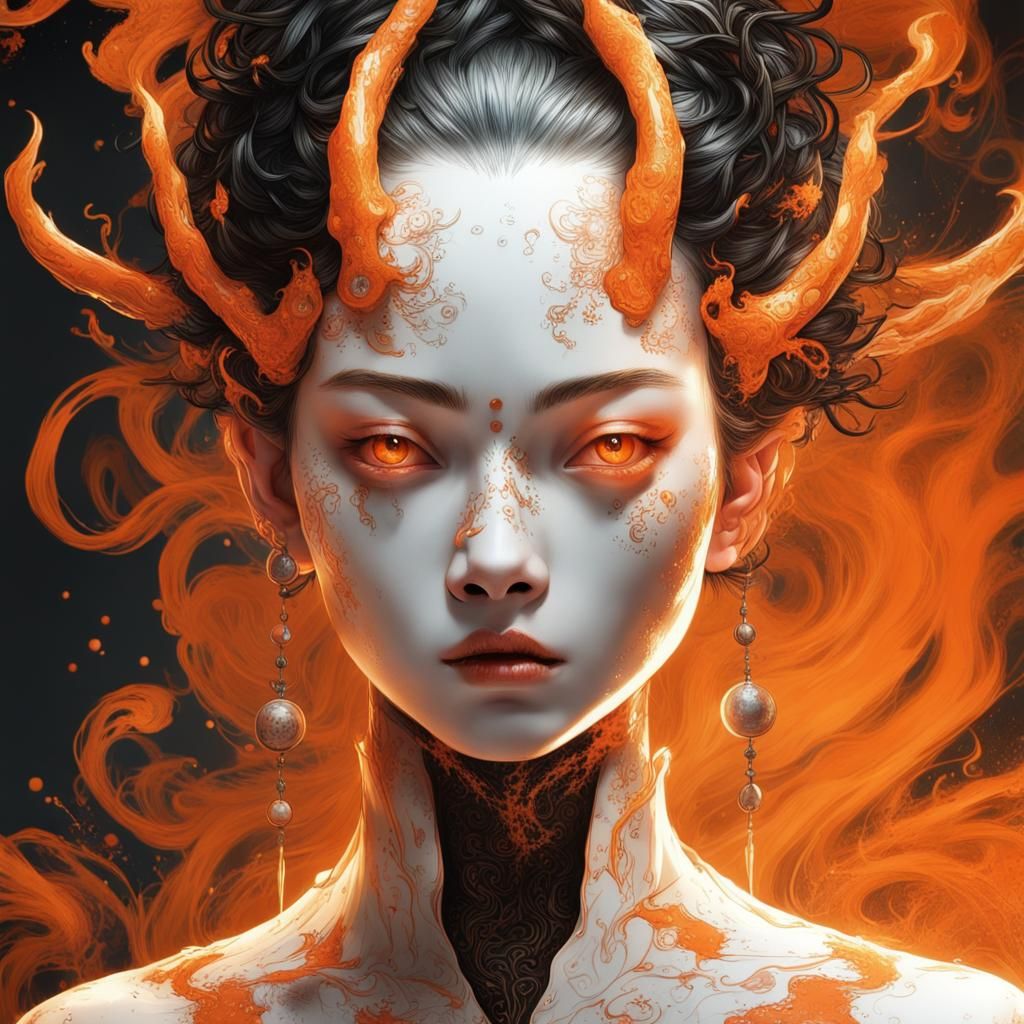 Oriental Demon Crumbling into Particles in Lovecraft Style