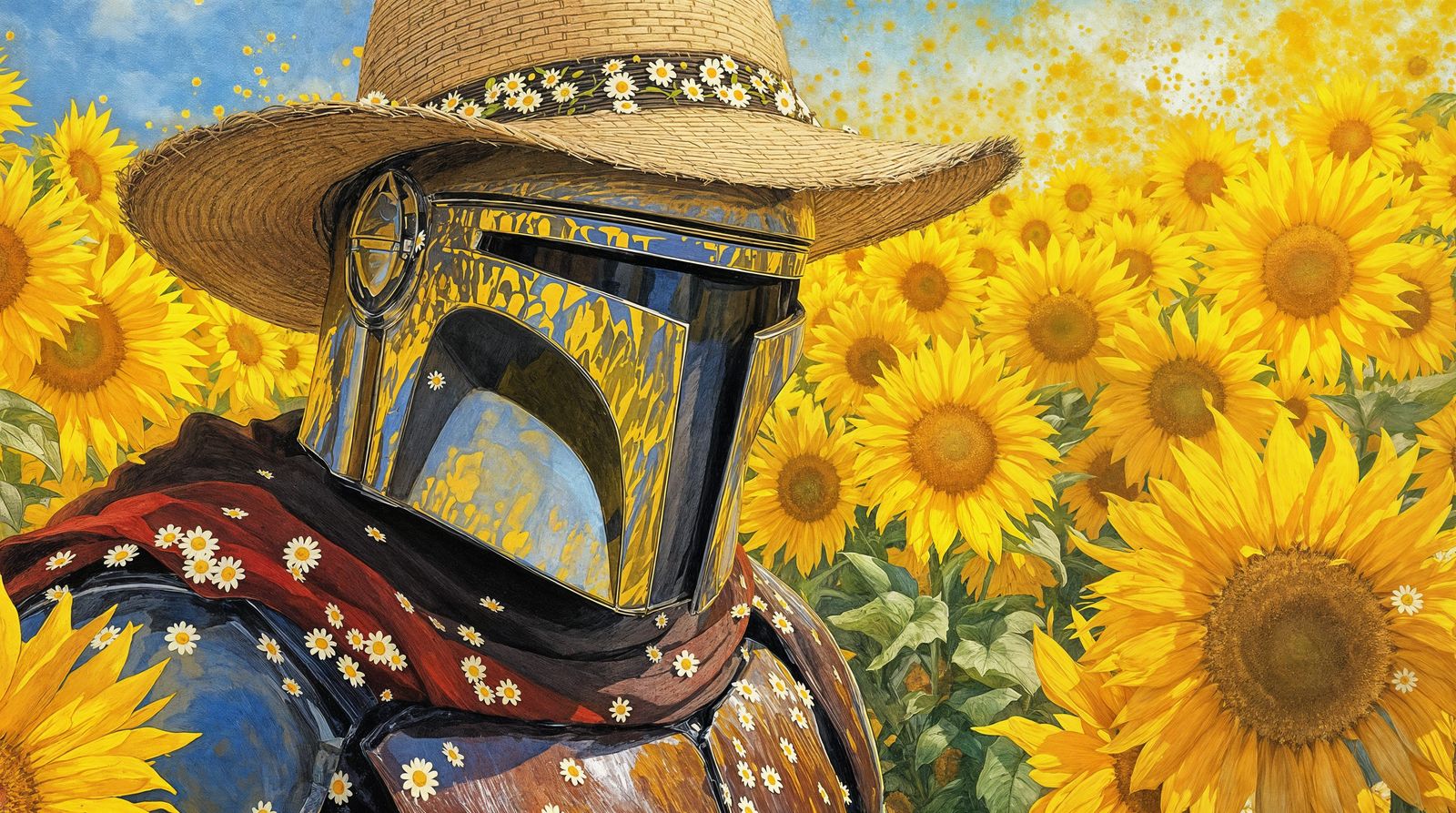 Mandalorian in a Sunflower Field, in the Style of Van Gogh