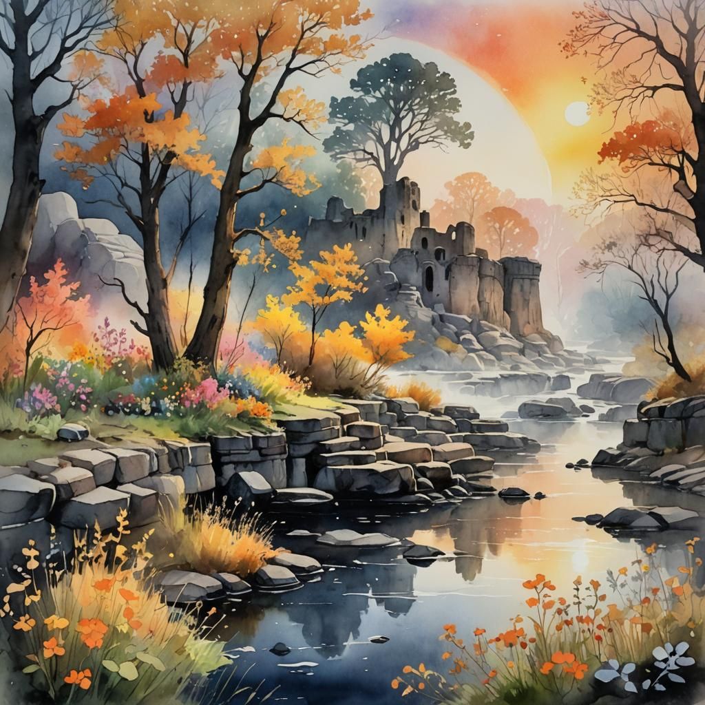 Surreal Watercolor: Wildflowers Bloom Amidst Ancient Ruins