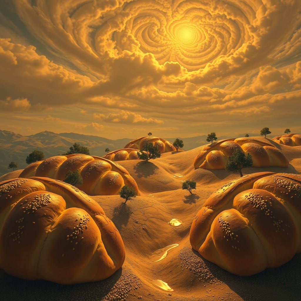 Surreal Challah Bread Landscape in Dreamy Golden Light