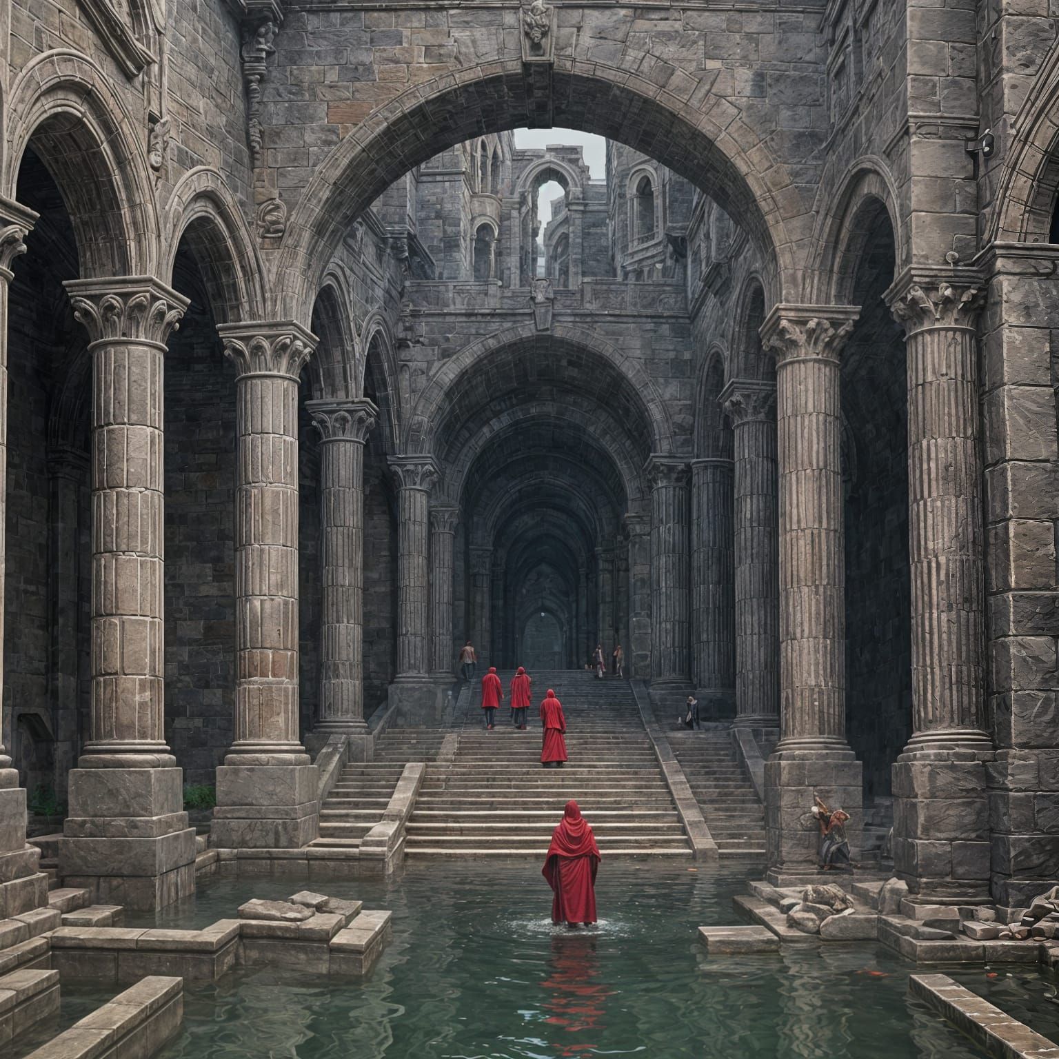 Hyperrealistic Stone Arches with Red-Robed Figures